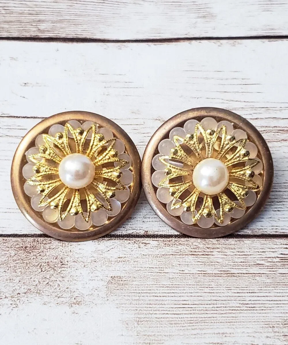 Vintage Clip On Earrings - Faux Pearl & Ornate Gold Tone